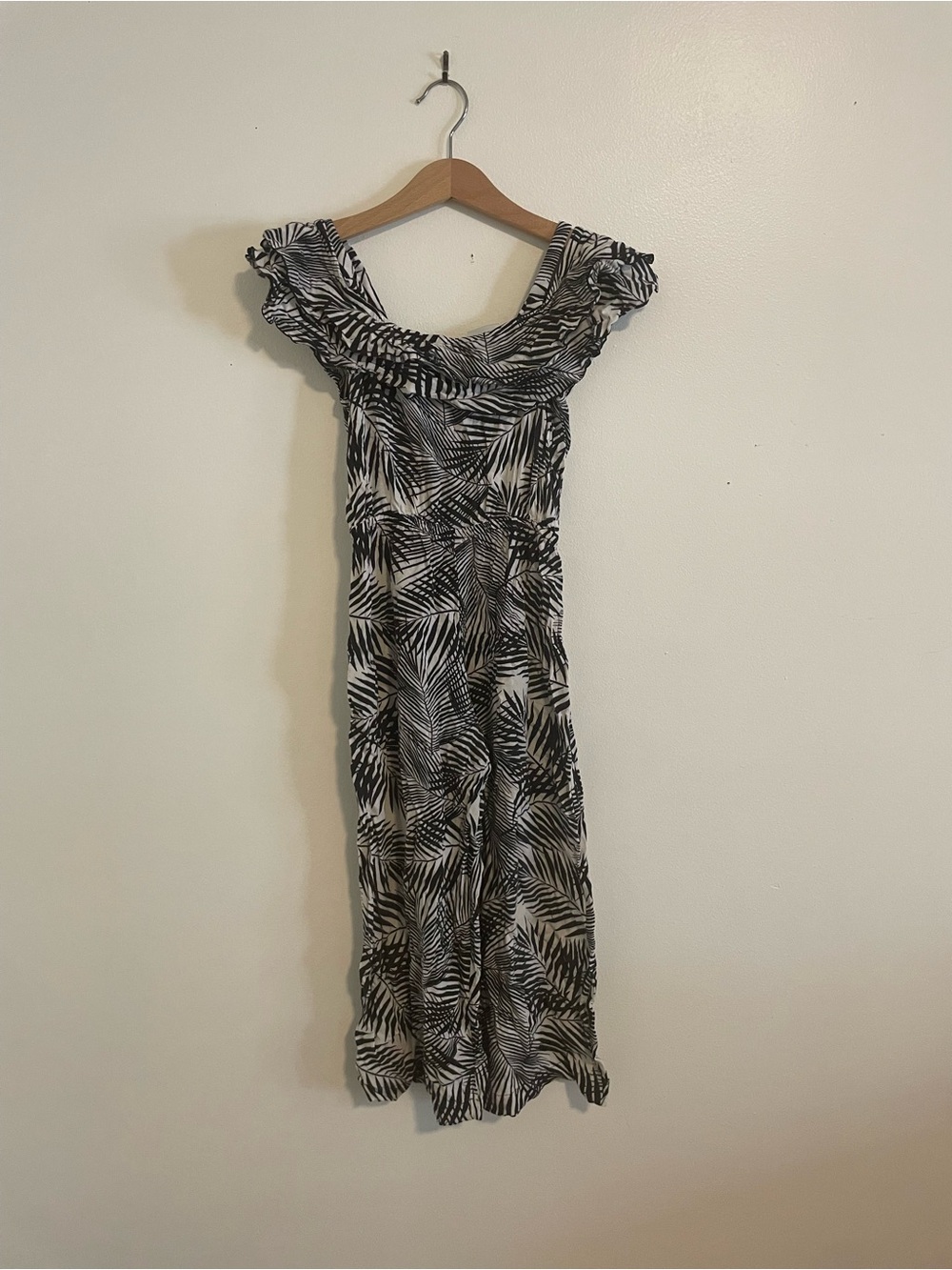 Girls Black and White Palm-Print Jumpsuit Romper, Rayon
